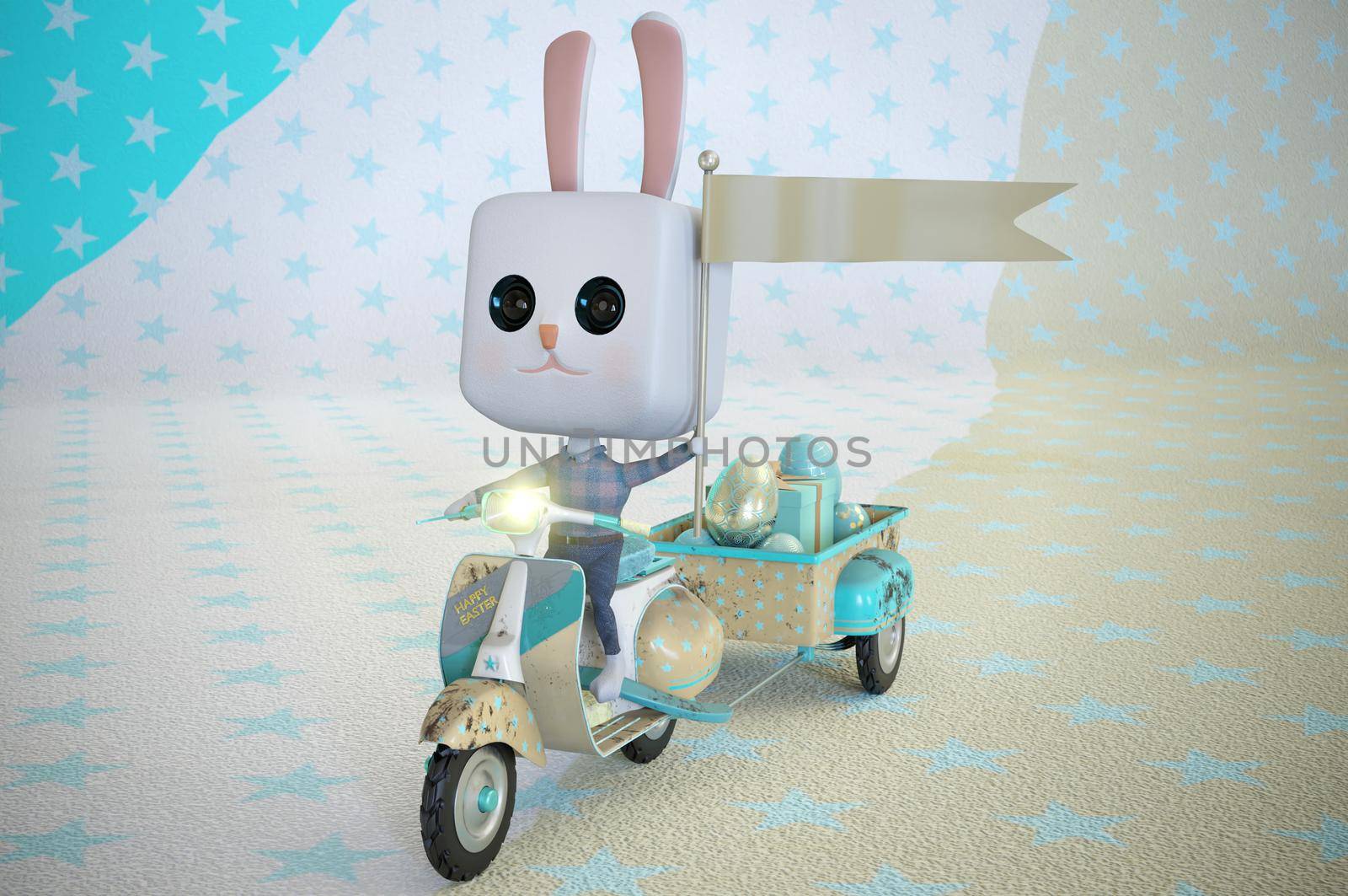 3d illustration. Easter bunny Rabbit riding a scooter .
