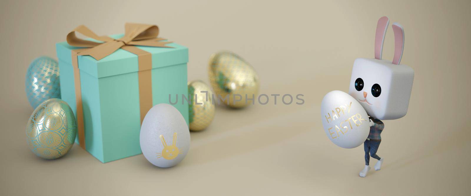 3d illustration.Easter bunny Rabbit holding egg . Web banner format by Hepjam