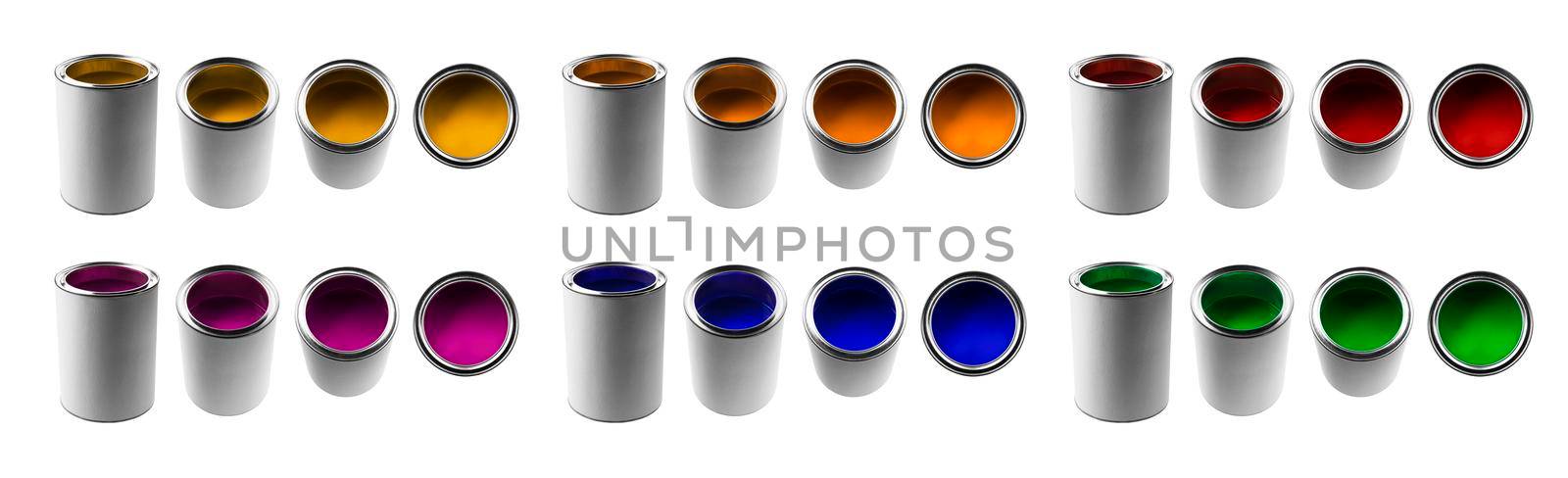 Cans with different colors of paints in different angles on a white background.