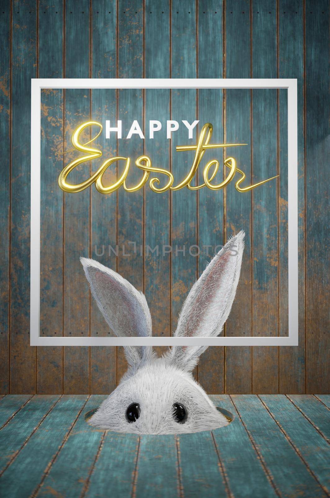 3d illustration. Easter concept. Bunny looking from a hole .copy space for text by Hepjam