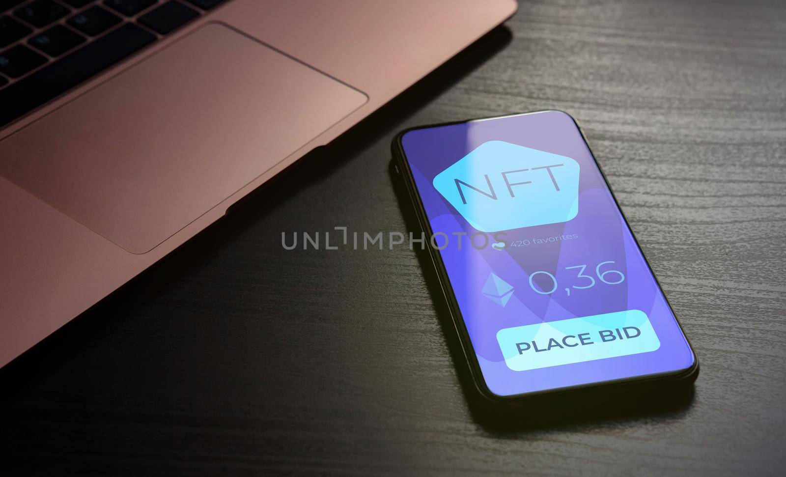 NFT marketplace based on blockchain technology concept. Online Shop with Unique Non-fungible tokens on the screen of a smartphone lying on a wooden table in front of laptop. High quality illustration