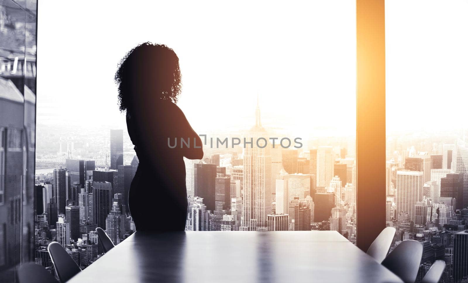 Silhouetted shot of a young businesswoman looking at a cityscape from an office window