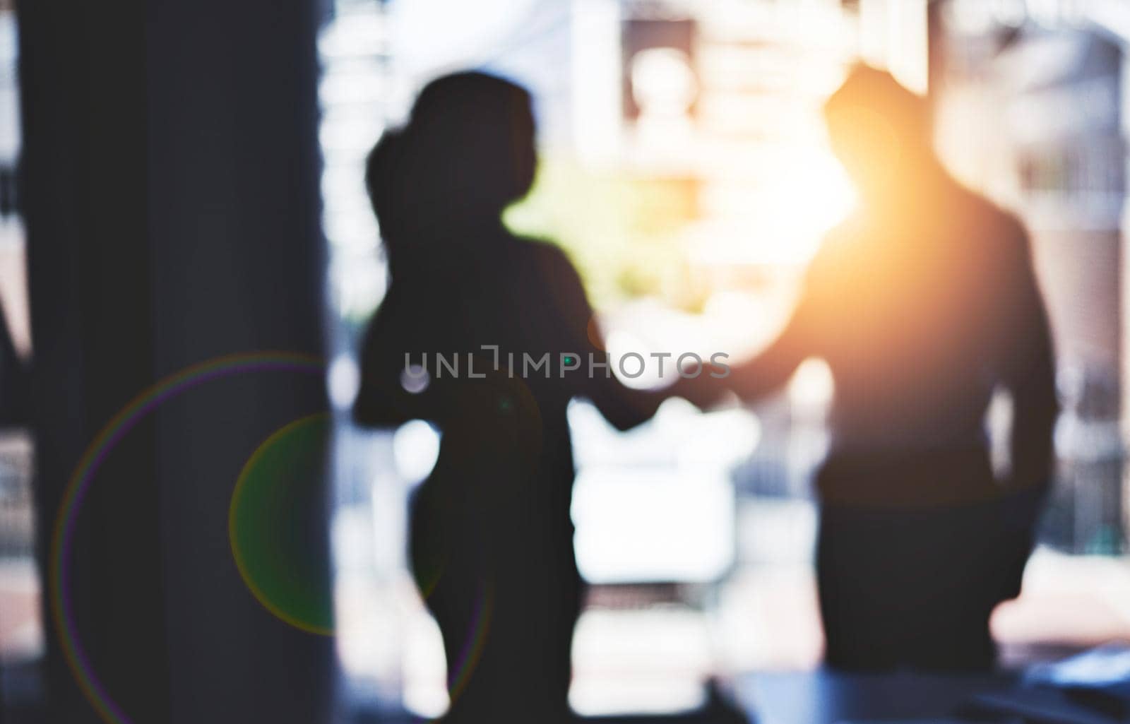 Partnerships are the backbone to strengthening business. Defocused shot of two businesspeople shaking hands in an office. by YuriArcurs