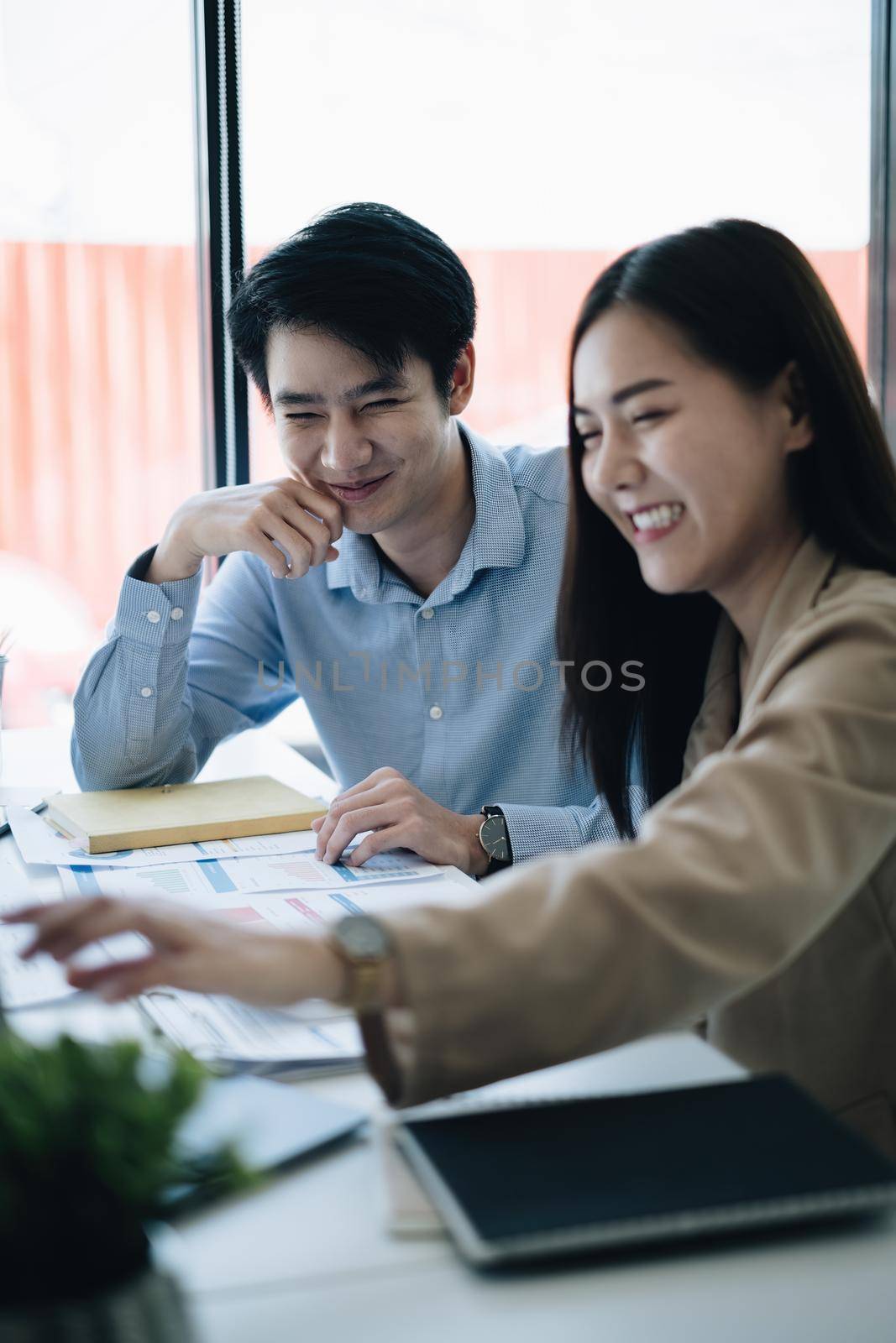 Administration happy and working together at private meeting room. Business Finance concept. by itchaznong