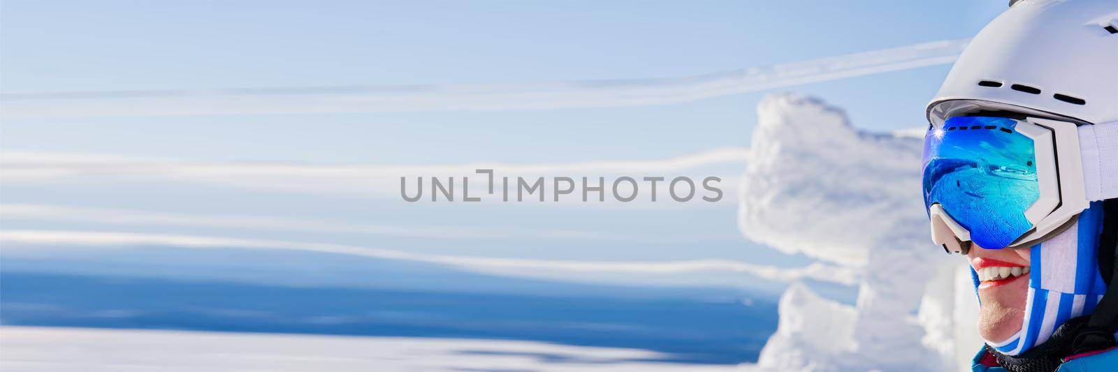 Portrait of woman in alps. woman in ski goggles at the ski resort. reflection in ski goggles by PhotoTime