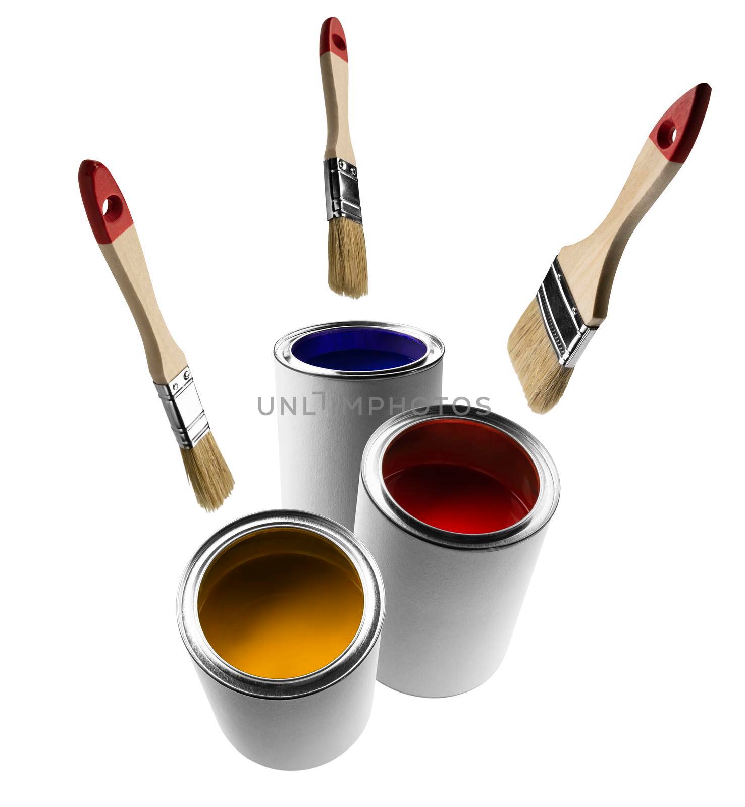 Paint cans and levitating brushes on a white background by butenkow
