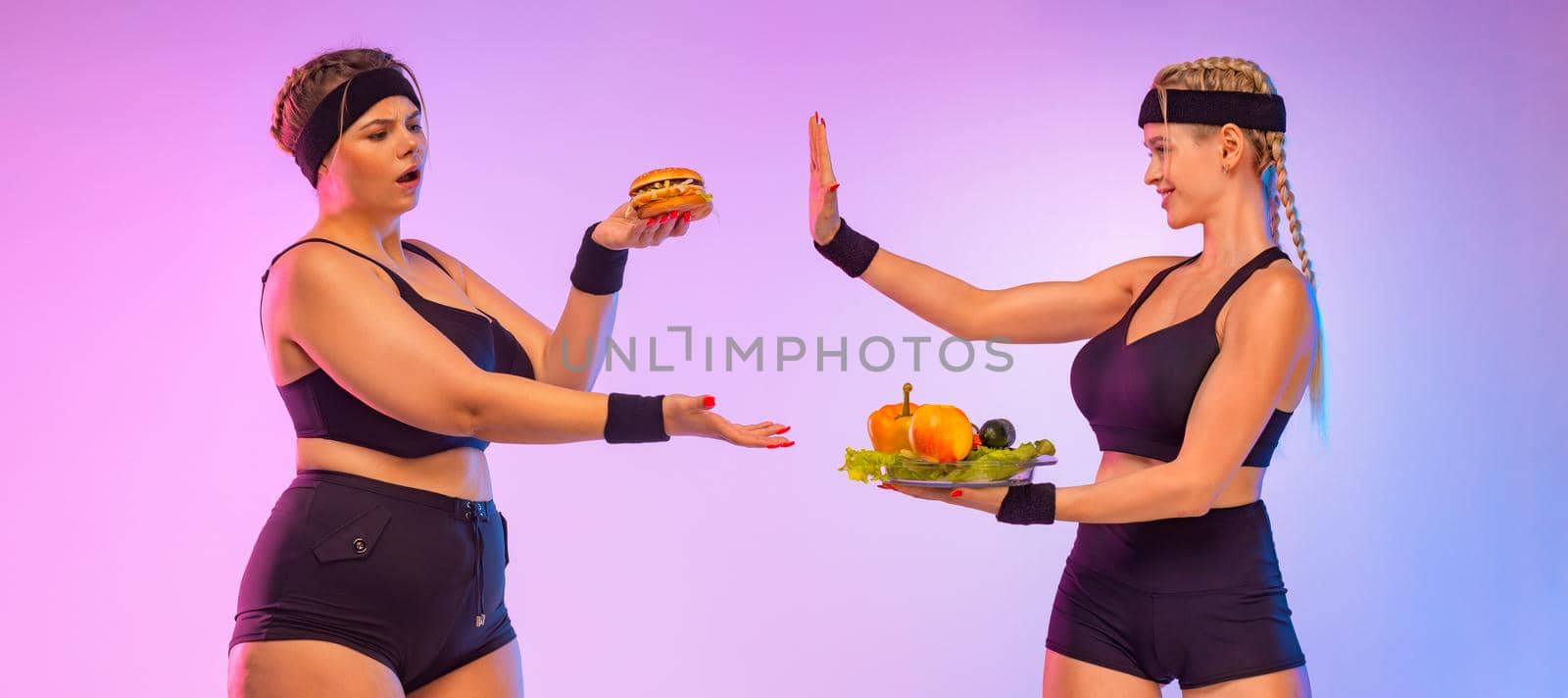 Fat Girl Size Plus Model Change Fast Food Burger On Proper Nutrition Of Vegetables. Vegans Health Food. Meat versus vegetables. Idea for a social media post on the topic of dietetics