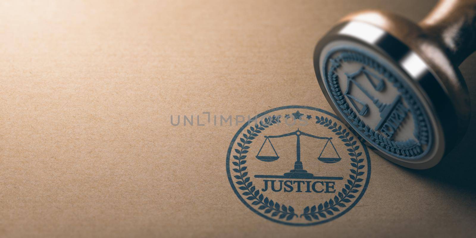 3d illustration of a rubber stamp with the word justice and a scale of justice printed on kraft paper background with copy space.