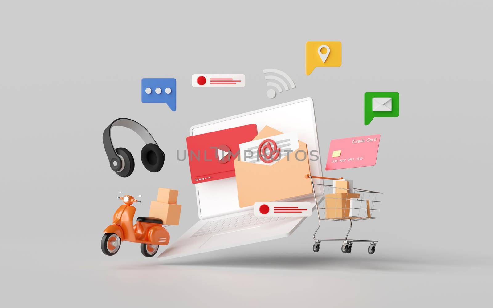 3d illustration of Multitasking online on laptop such as working, listening to music or shopping