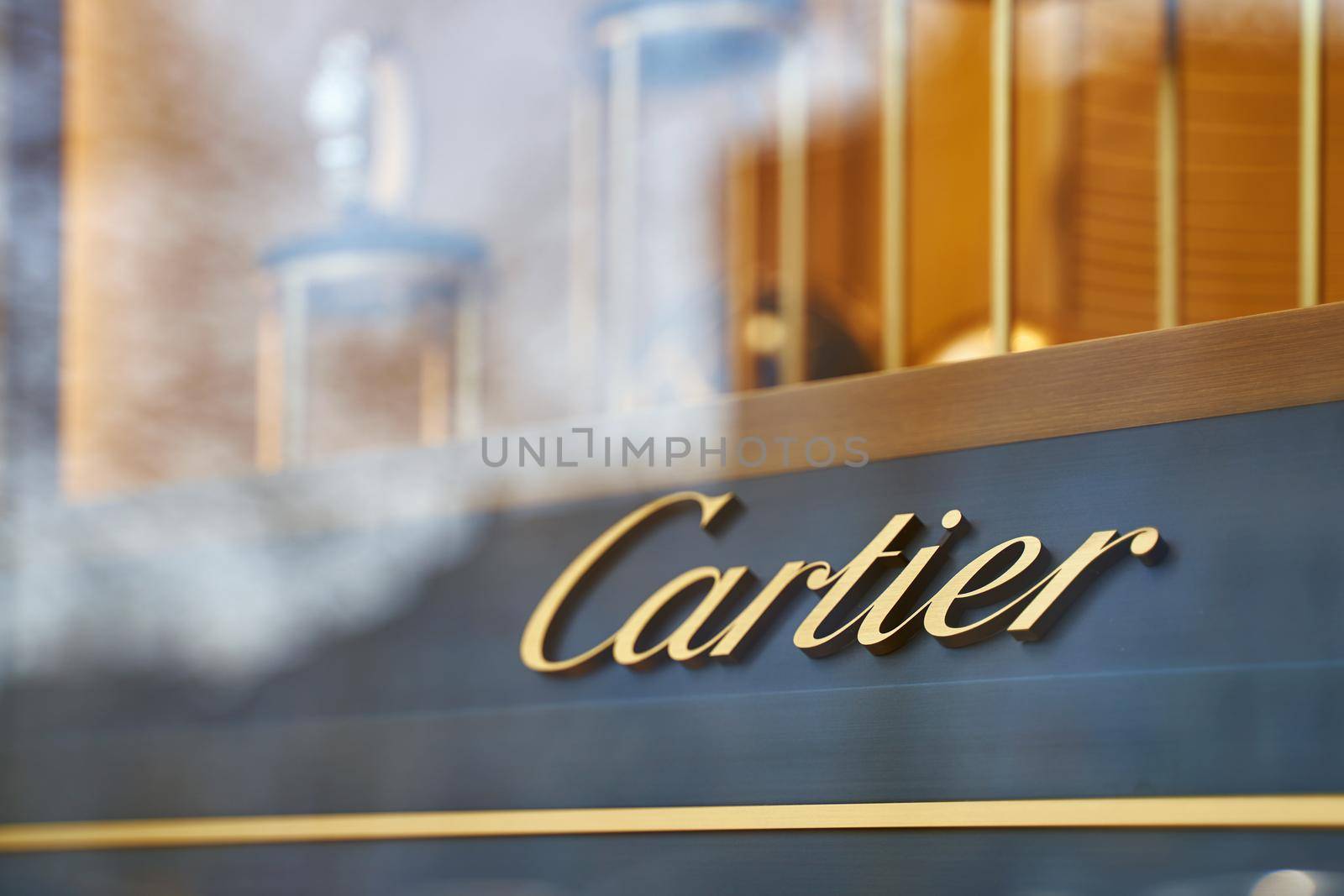 Brussels, Belgium - April 1 2019: Logo of Cartier on the store showcase