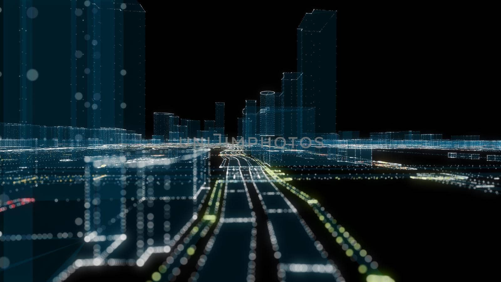 Futuristic Smart Digital City. Buildings and Roads. Smart City And Technology Business Concept. 3D Illustration