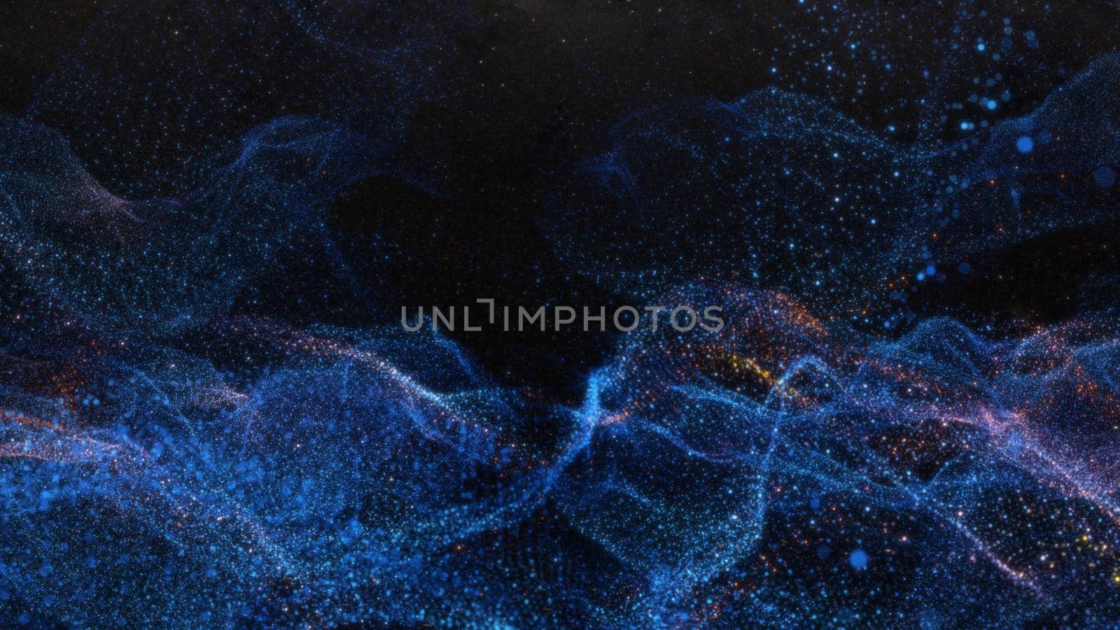 Abstract particle waves with depth of field effect. Futuristic 3d illustration. Technology concept. Cyber UI, HUD element