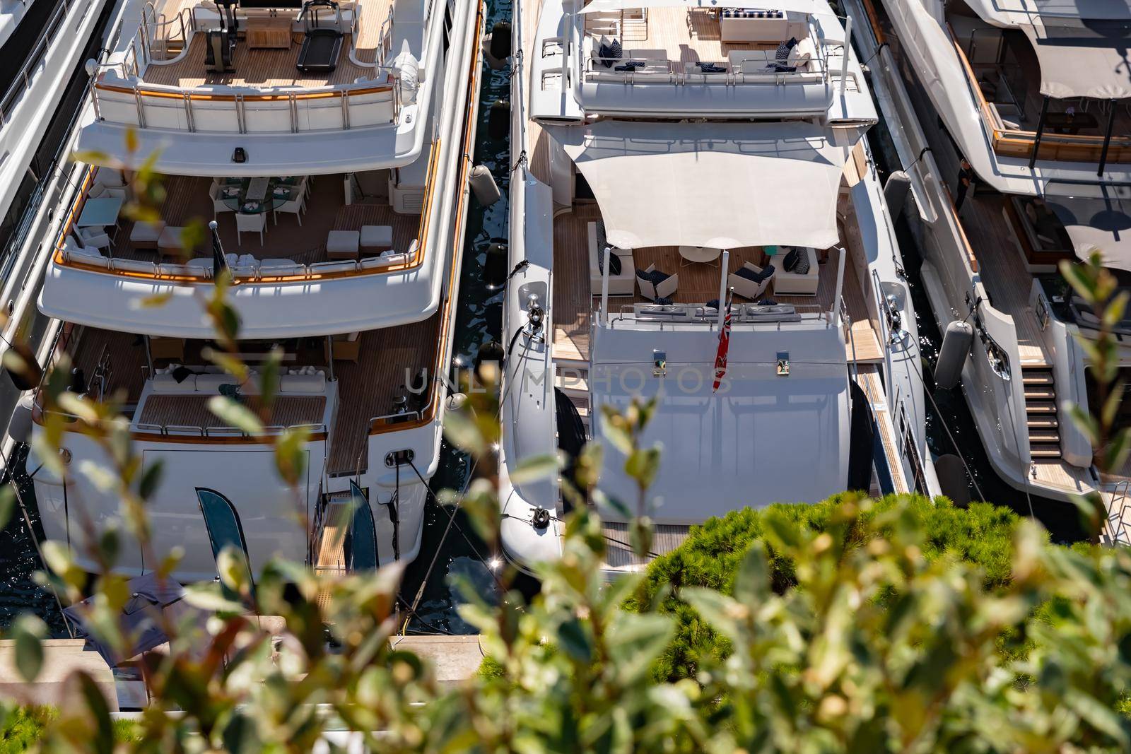 A few of huge moored yachts are in port Hercule of Monaco at sunny day, Monte Carlo, interiors of motor boat, chilling zone of megayachts, view through green branches of trees, sun reflections. High quality photo