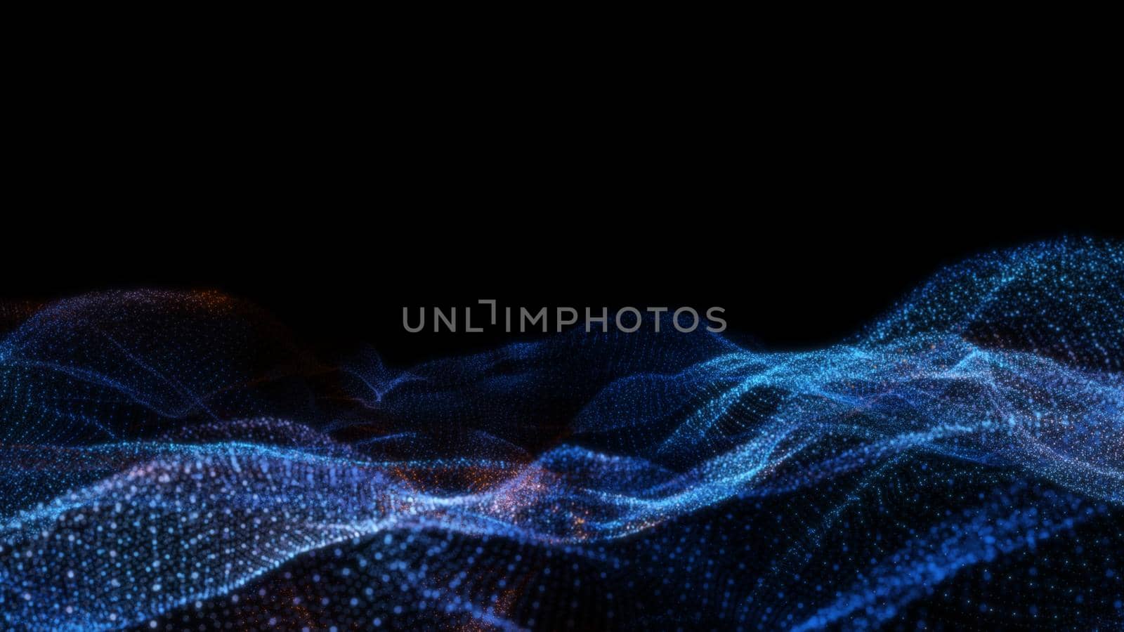 Abstract particle waves with depth of field effect. Futuristic 3d illustration. Technology concept. Cyber UI, HUD element