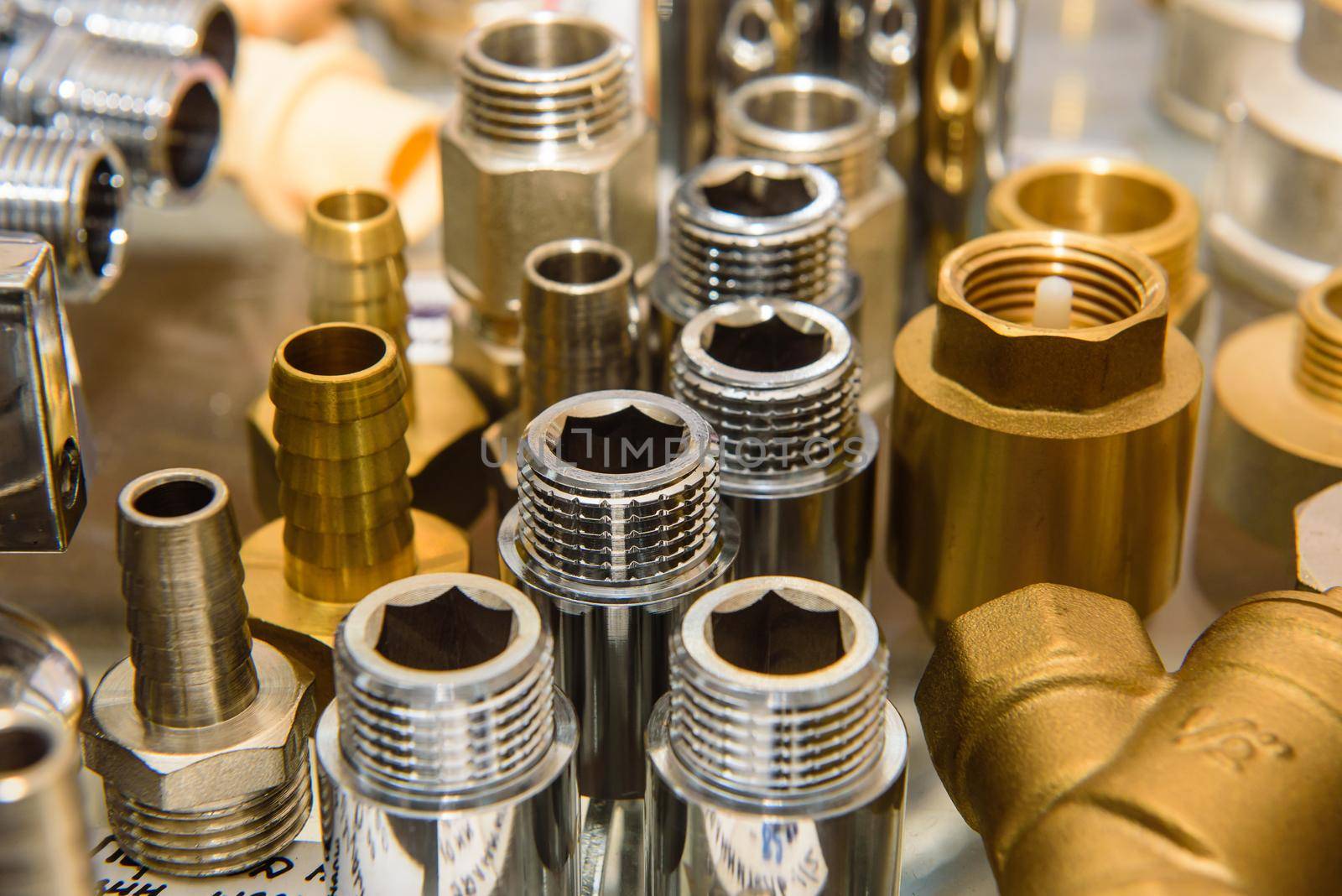 various Brass and metal fittings for plumbing.