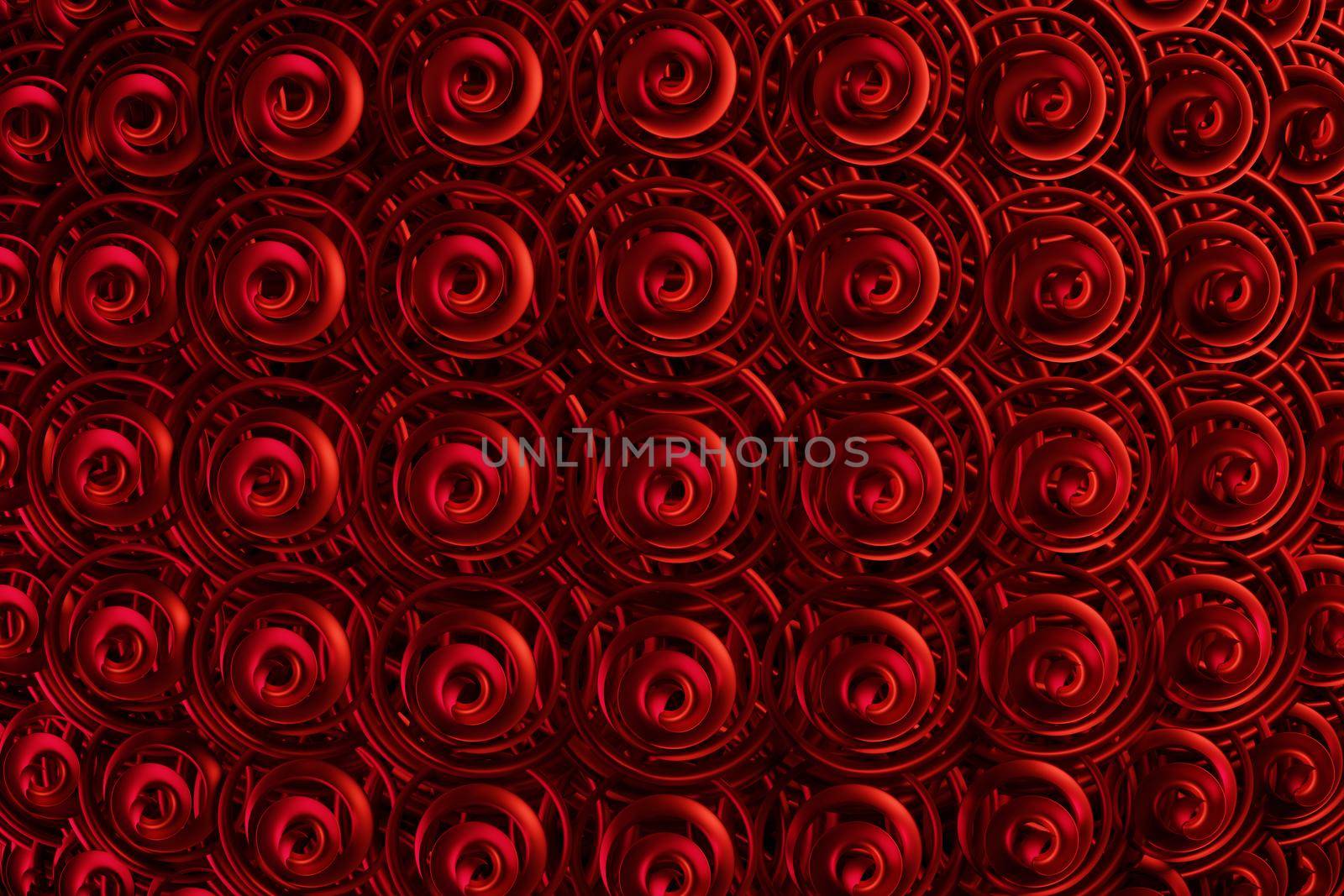 3d illustration of an abstract colorful red background with spirals, lines and geometric patterns