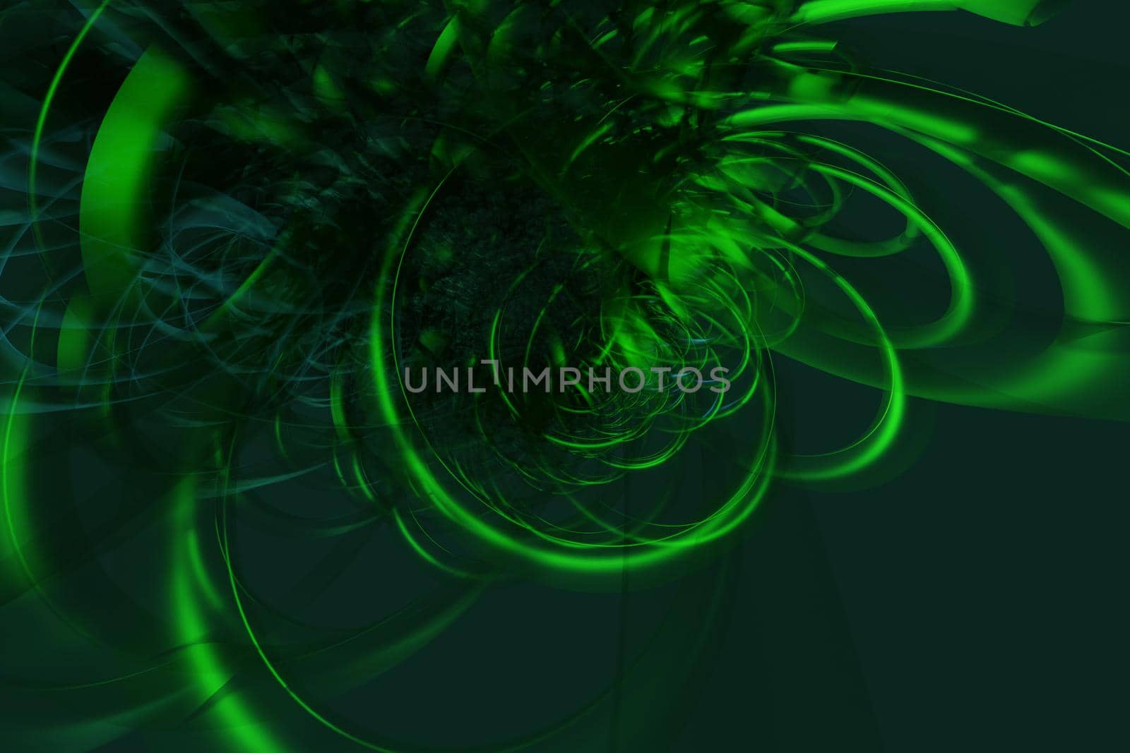Abstract green 3d illustration - geometric background with waves, spirals and transparency effects
