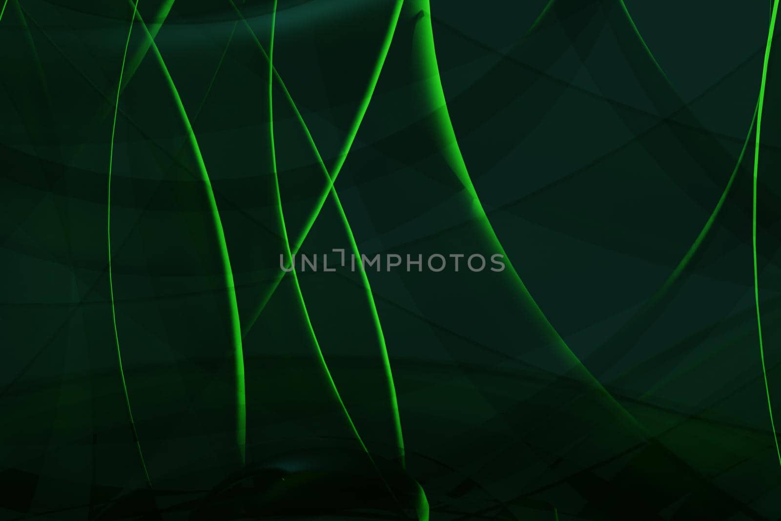 Abstract green 3d illustration - geometric background with waves, spirals and transparency effects