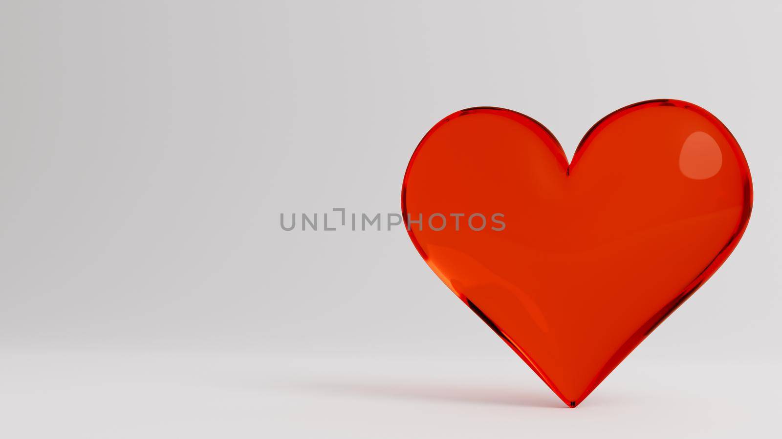 Valentine's Day 3d illustration - rendering. Single red heart isolated on white background. Layout with negative space for copy