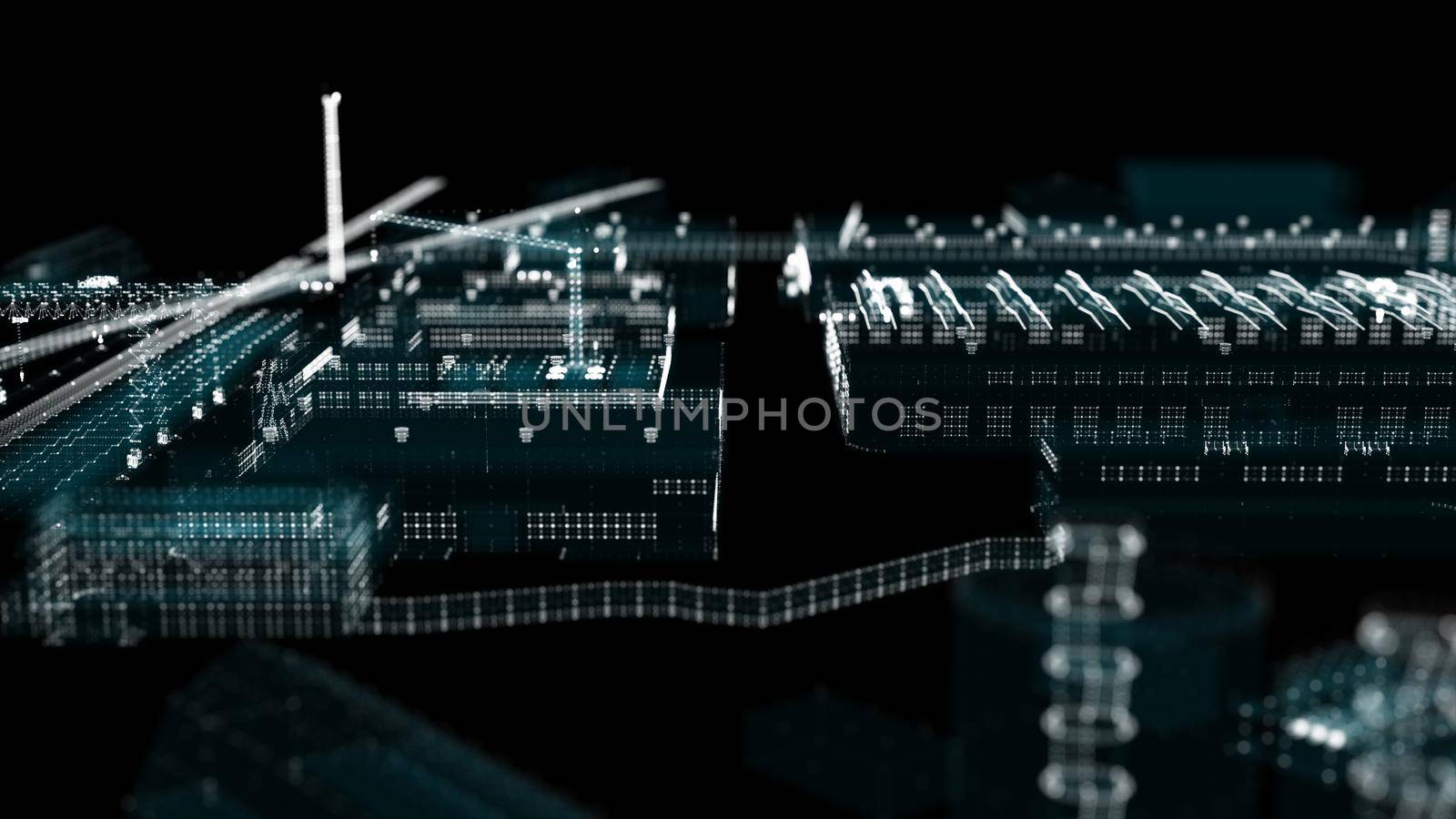 Industrial technology concept. Industry 4.0. Digital factory - buildings and cranes made of particles and transparent elements. 3d illustration