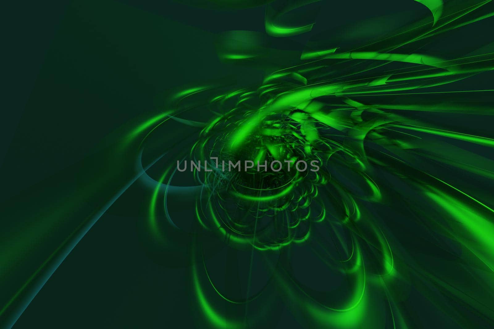 Abstract green 3d illustration - geometric background with waves, spirals and transparency effects