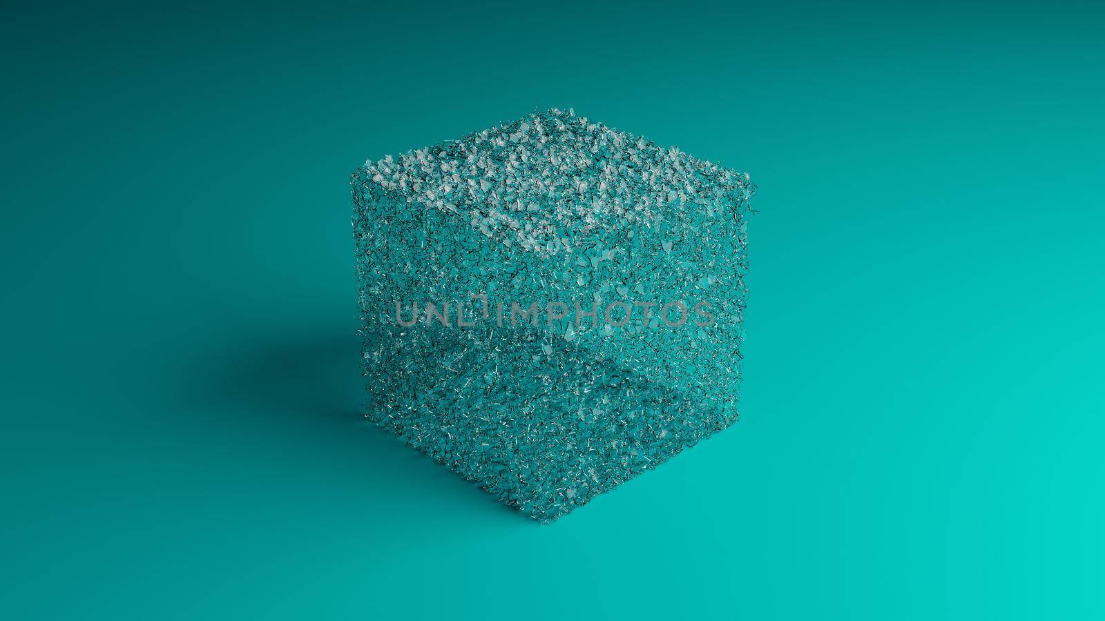 Cracked glass cube exploding in small pieces - illustration, 3D rendering by mihaizaharia