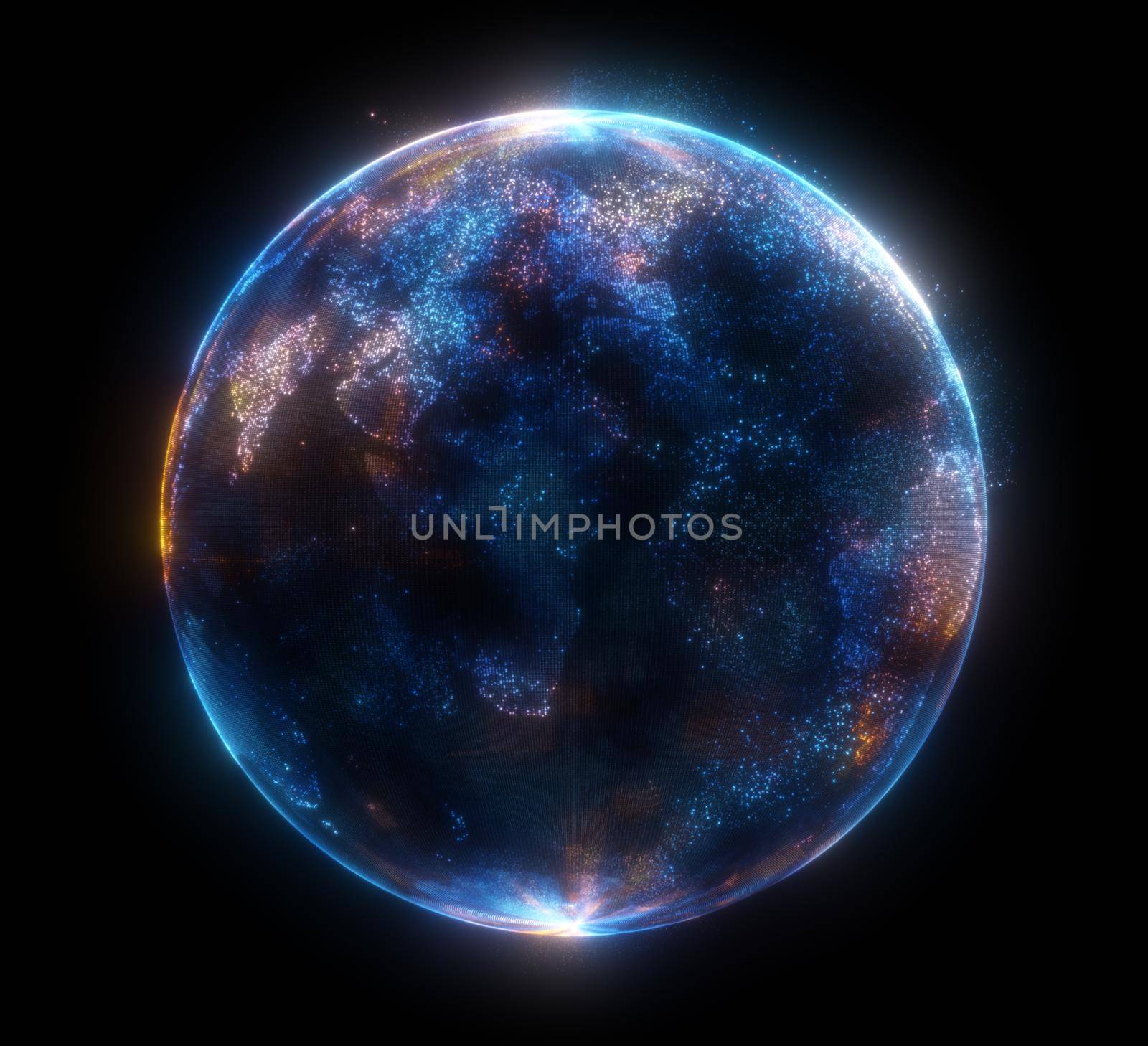 Glowing sphere with a map of the world from particles. 3d illustration. Background for your design