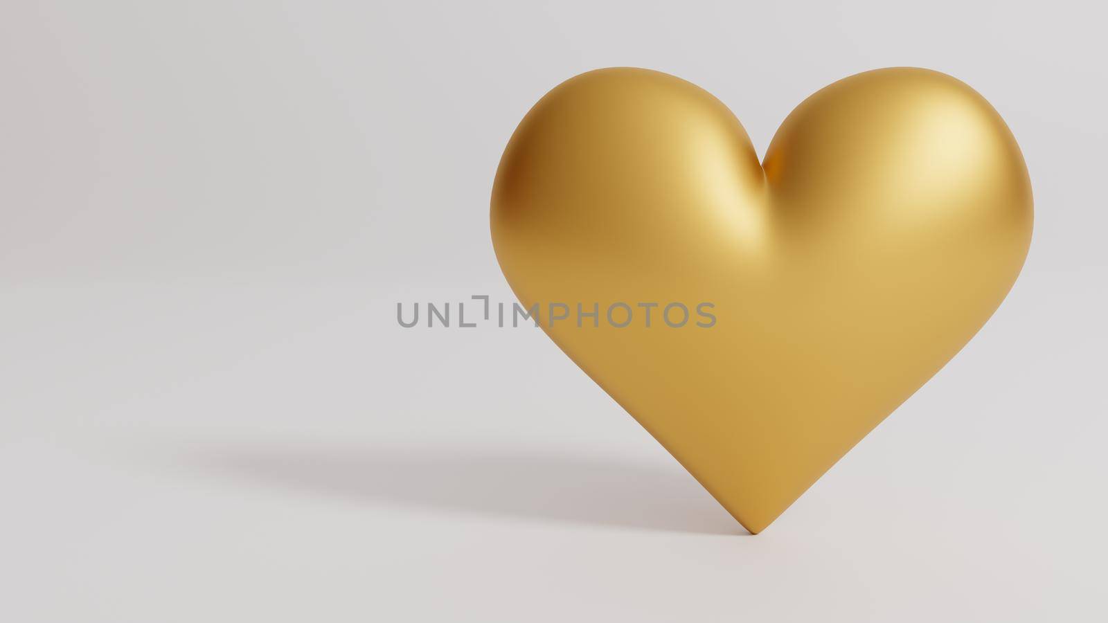 Valentine's Day 3d illustration - rendering. Single golden heart isolated on white background. Layout with negative space for copy