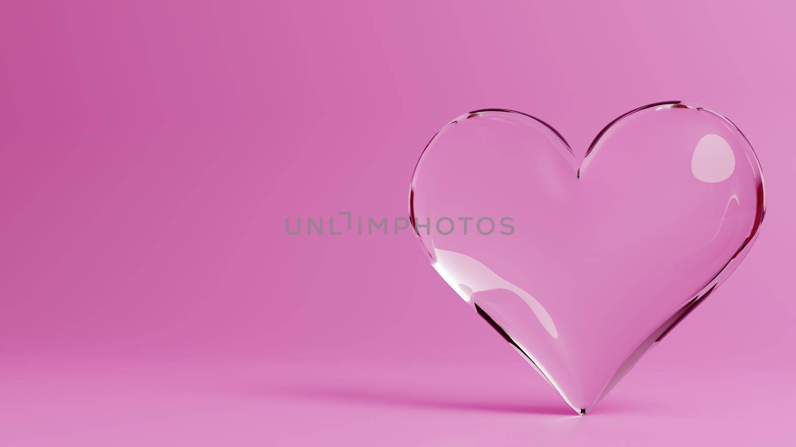 Valentine's Day 3d illustration - rendering. SIngle transparent heart made of glass isolated on pink background. Layout with negative space for copy