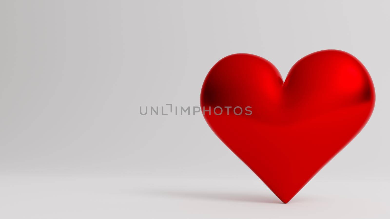 Valentine's Day 3d illustration - rendering. Single red heart isolated on white background. Layout with negative space for copy