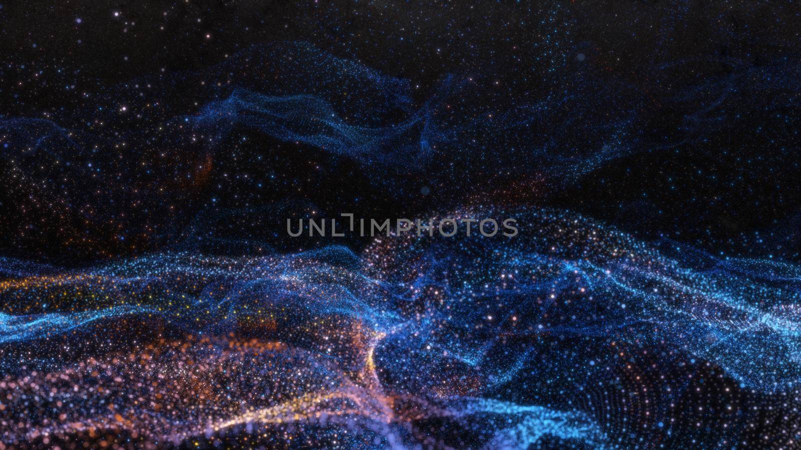 Abstract particle waves with depth of field effect. Futuristic 3d illustration. Technology concept. Cyber UI, HUD element