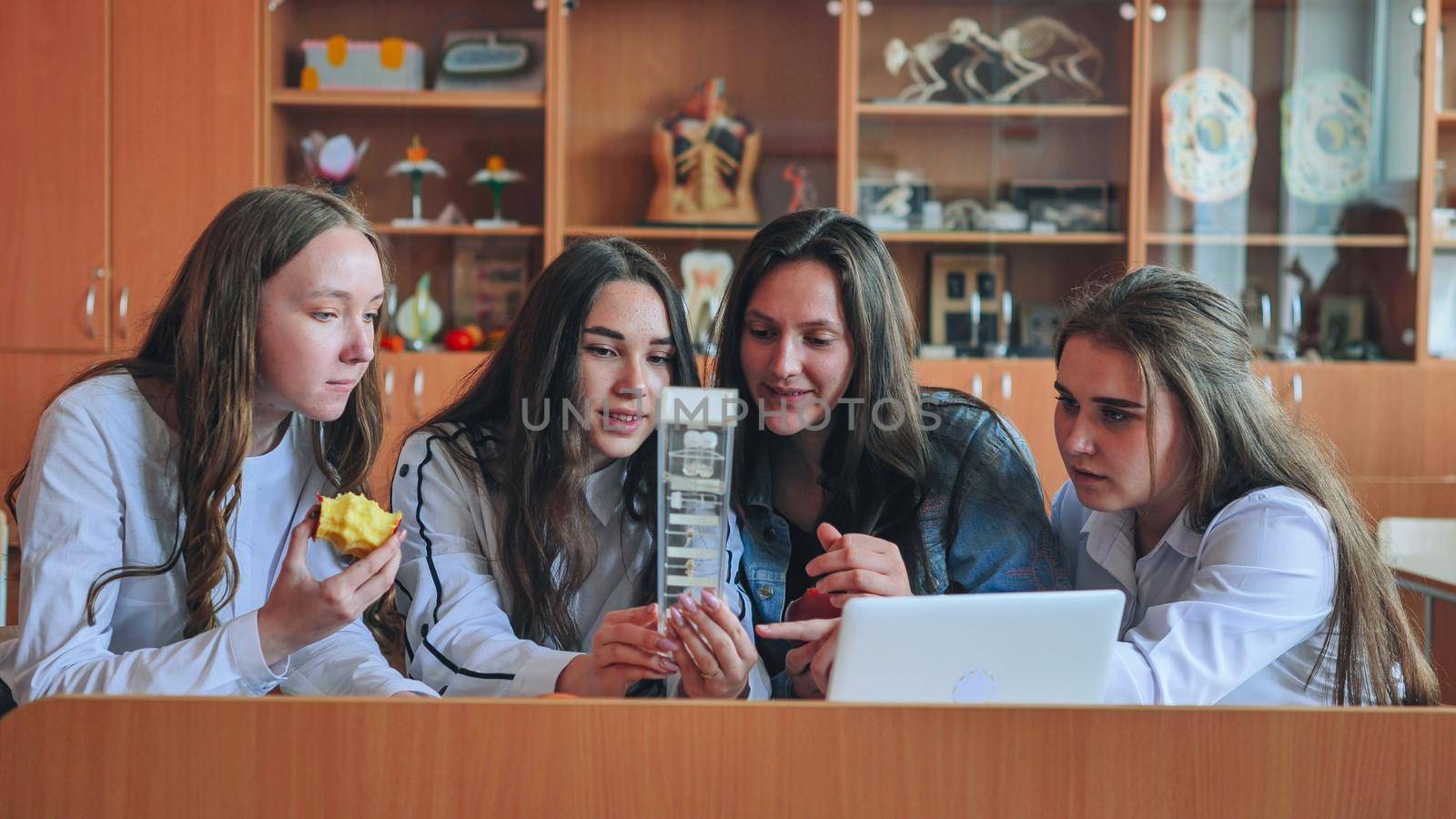 Schoolchildren friends working together in class with a laptop and eating apples