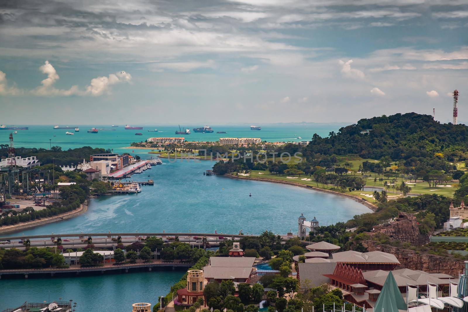The huge busiest logistic port in Singapore, plenty of cranes to move containers, huge cargo ships in the background, shopping malls and skyscrapers surrounded by, entertainment island nearby. High quality photo