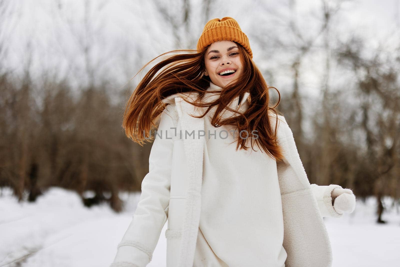young woman Walk in winter field landscape outdoor entertainment Lifestyle by SHOTPRIME