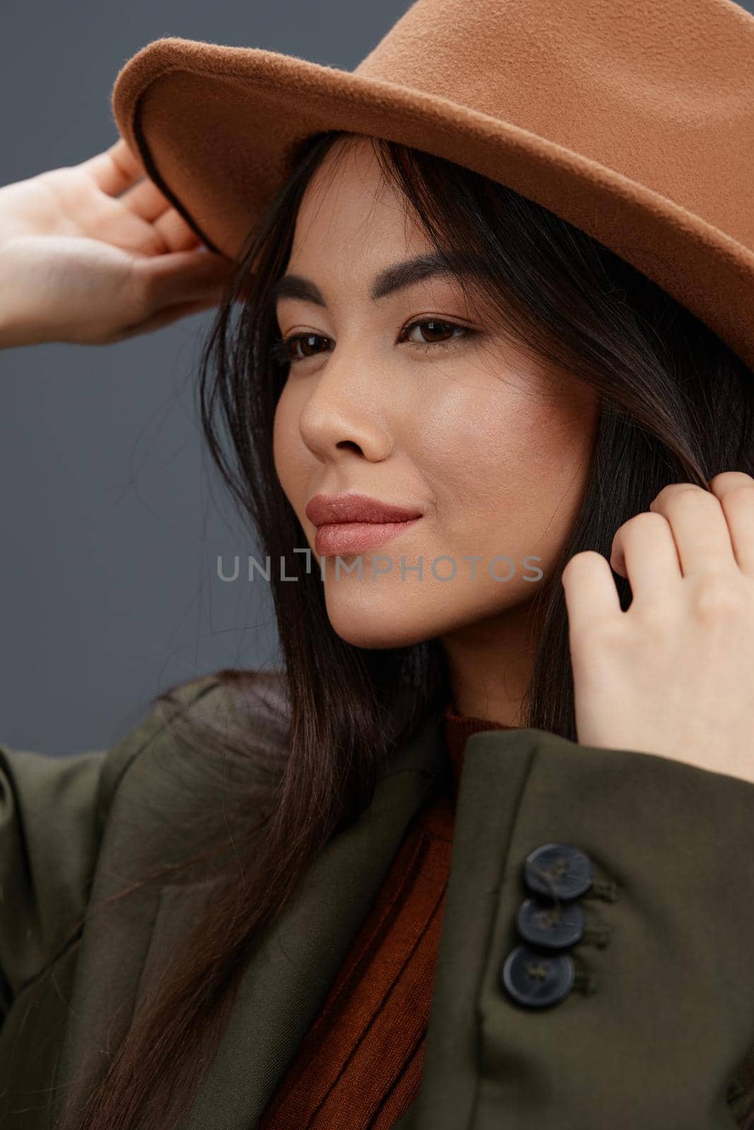 pretty woman brown hat hand gestures fashion emotions isolated background by SHOTPRIME