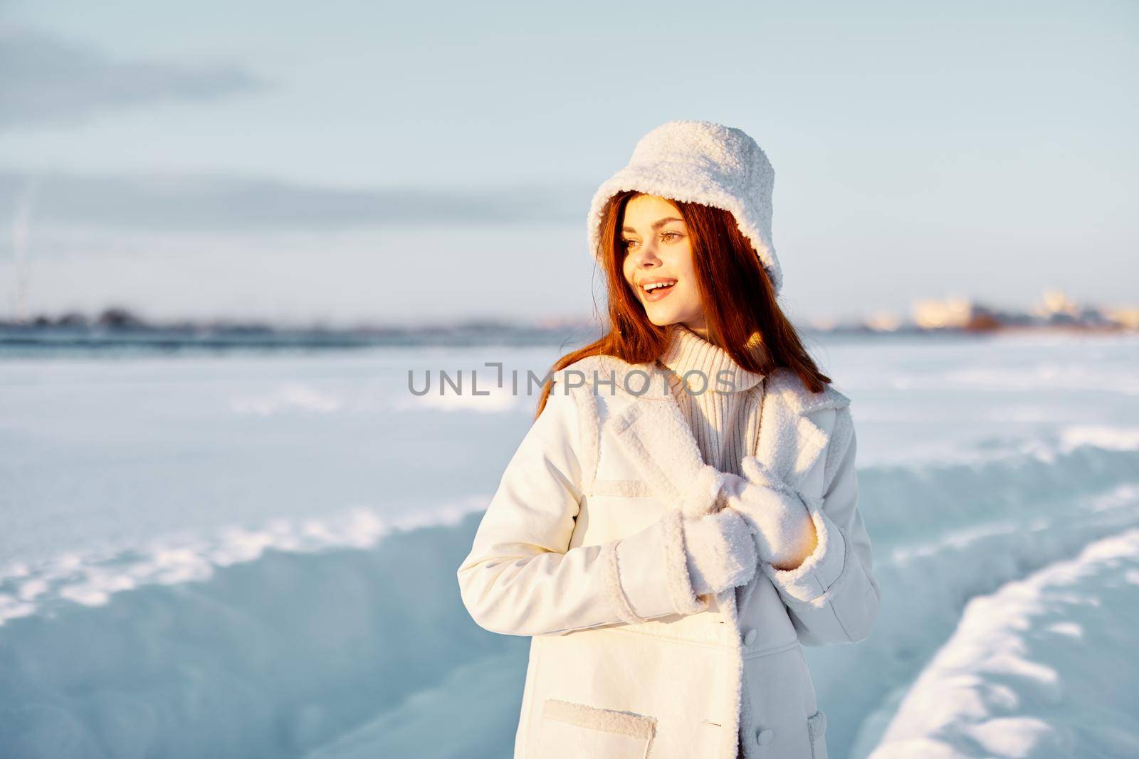 woman smile Winter mood walk white coat Lifestyle by SHOTPRIME