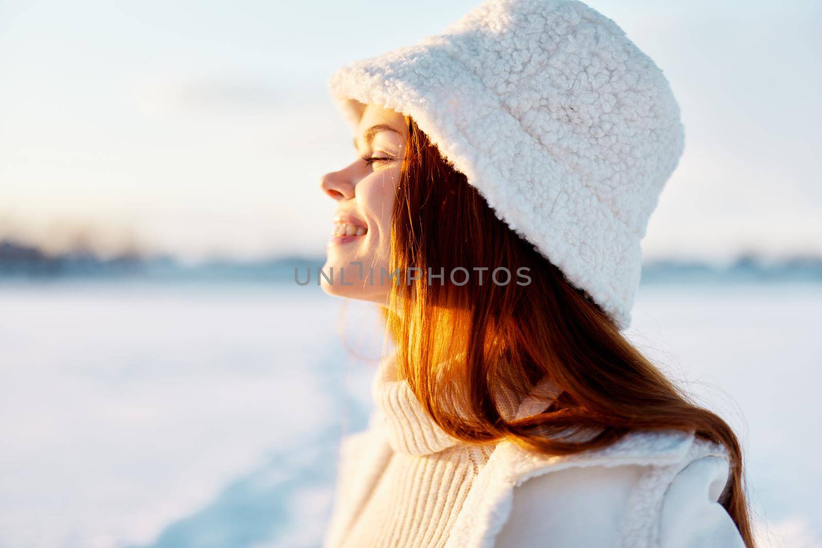 young woman winter clothes walk snow cold vacation Fresh air. High quality photo