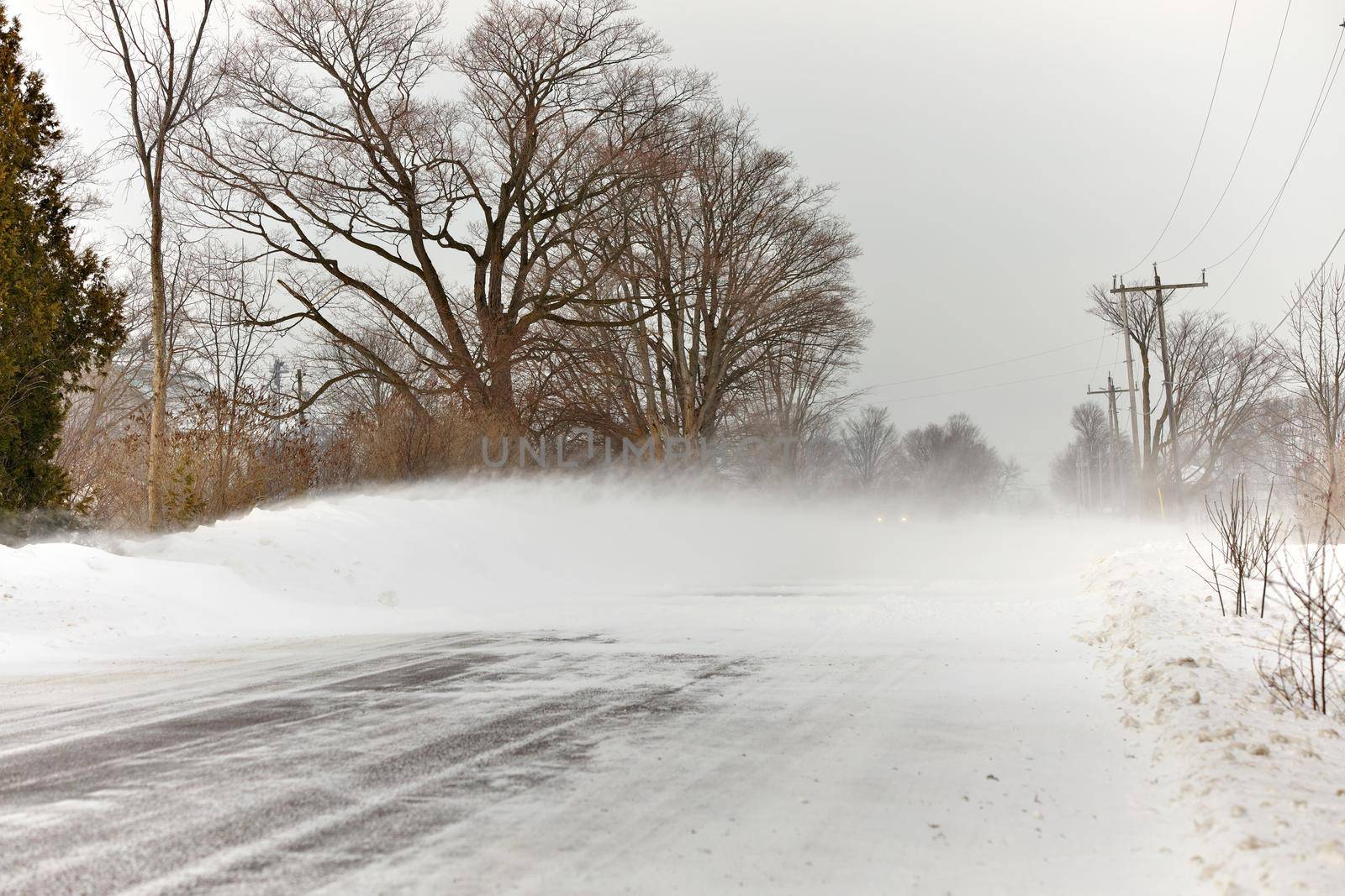 Snow Squall Conditions on a Country Road in Ontario Canada by markvandam