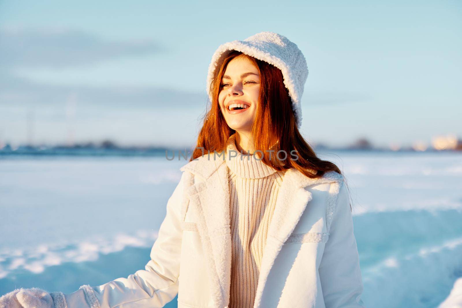 beautiful woman winter clothes walk snow cold vacation travel. High quality photo