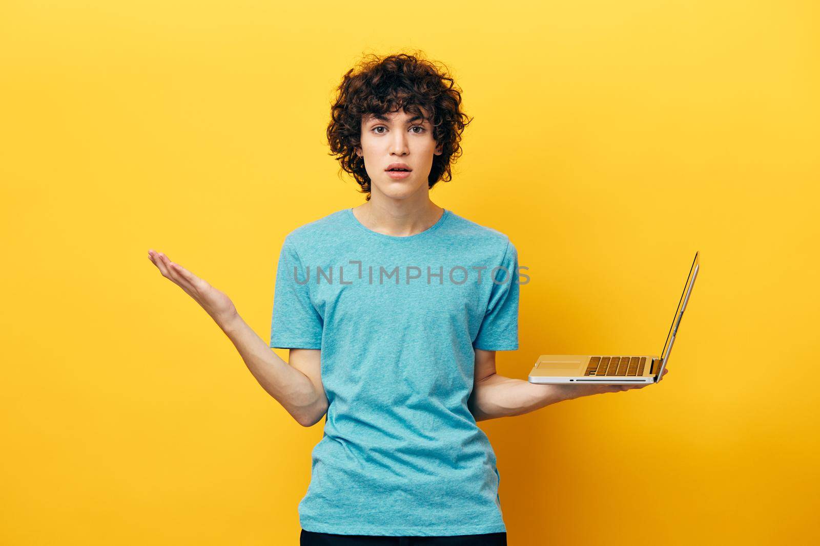 student laptop online chat communication yellow background by SHOTPRIME