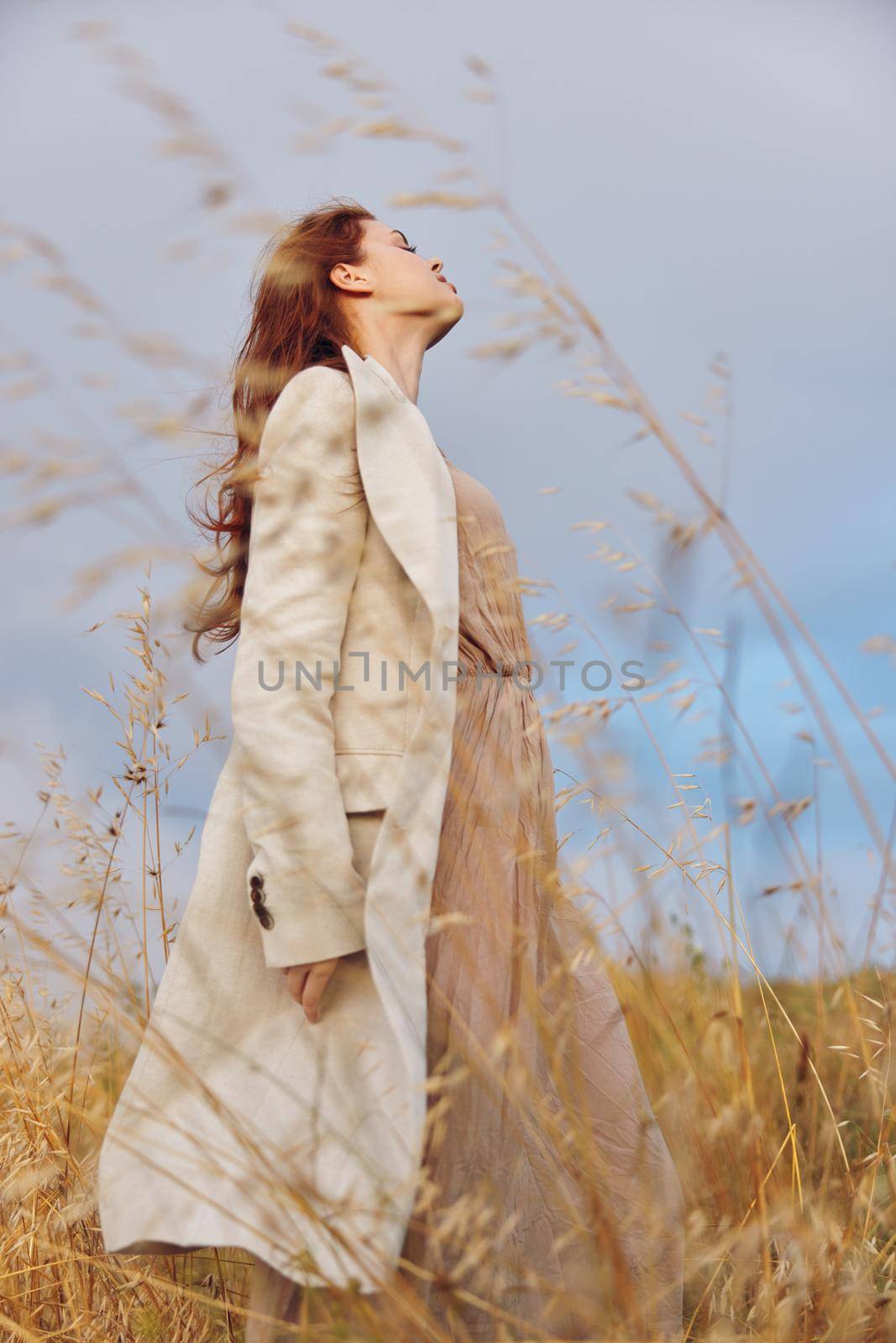 woman wheat countryside landscape freedom endless field. High quality photo