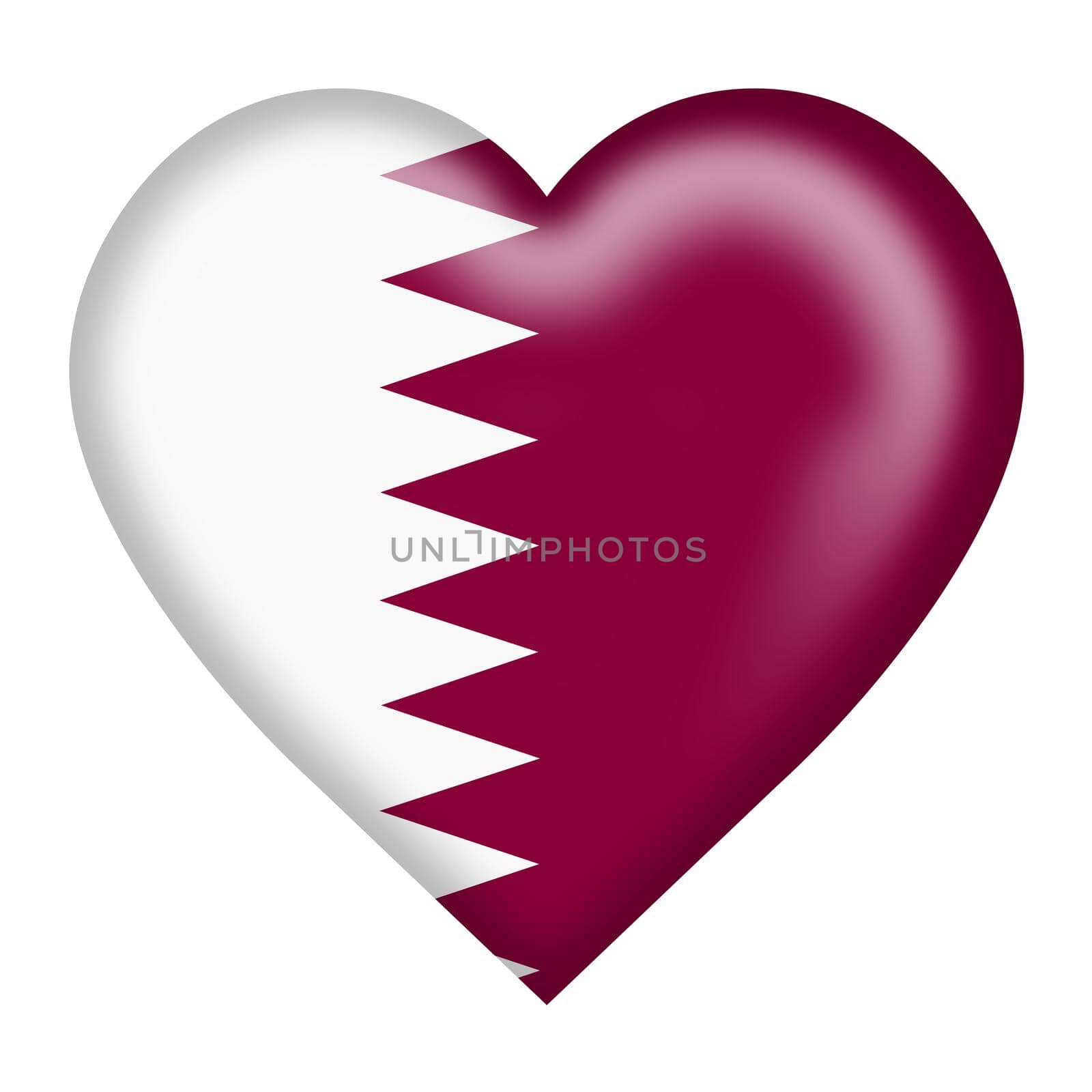 A Qatar flag heart button isolated on white with clipping path 3d illustration