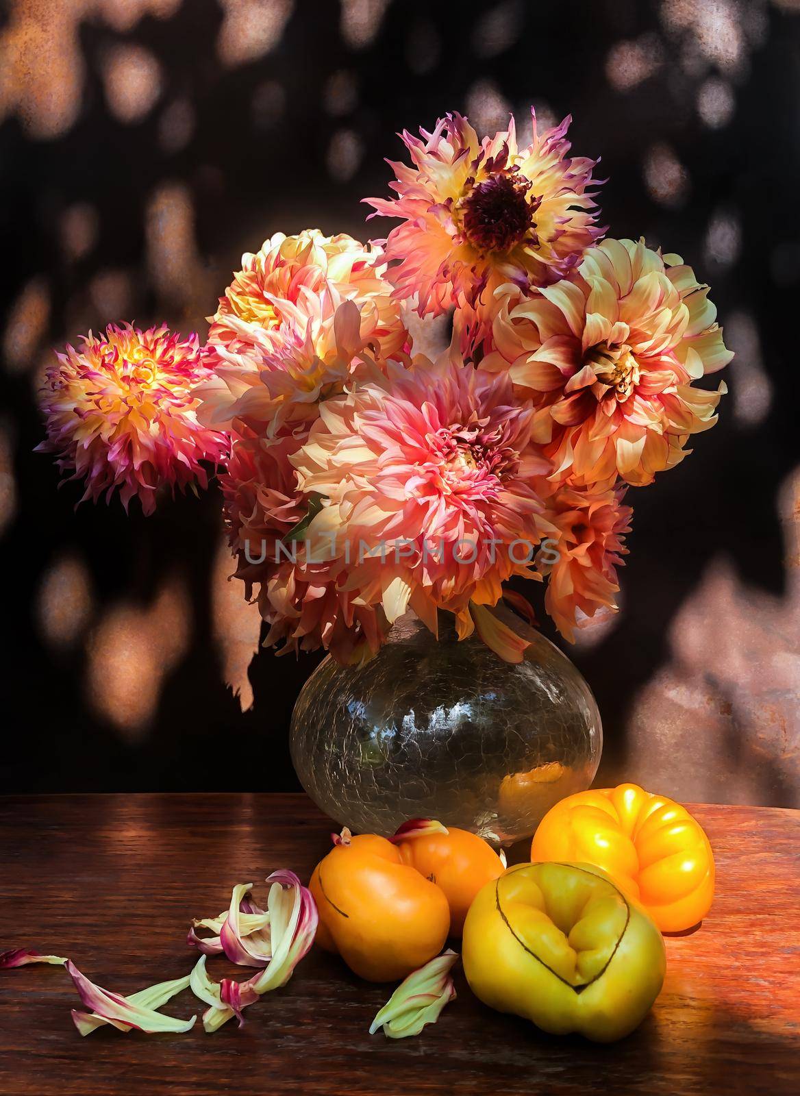 Romantic bouquet with dahlias and tomatoes in the glare of sunlight. Summer bouquets of farm flowers outdoors in the garden. Floristics - art of flowers arrangements. 