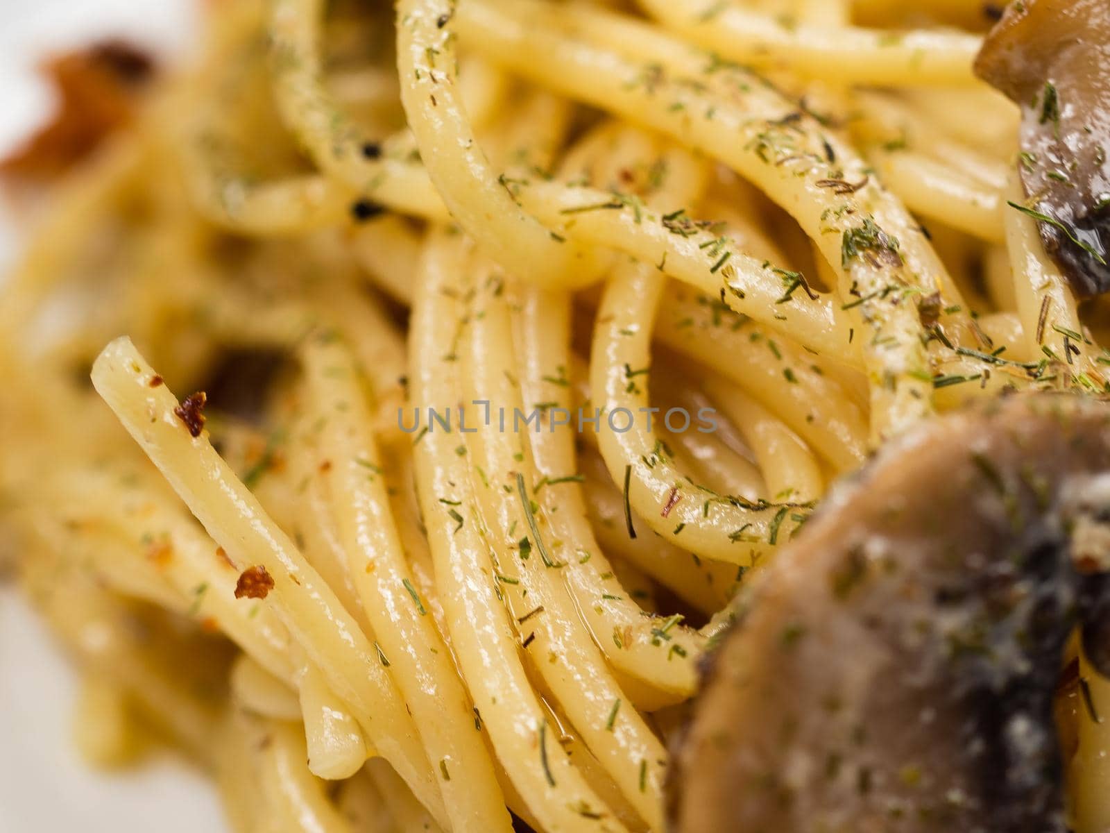 tasty Italian pasta with mushrooms close up.