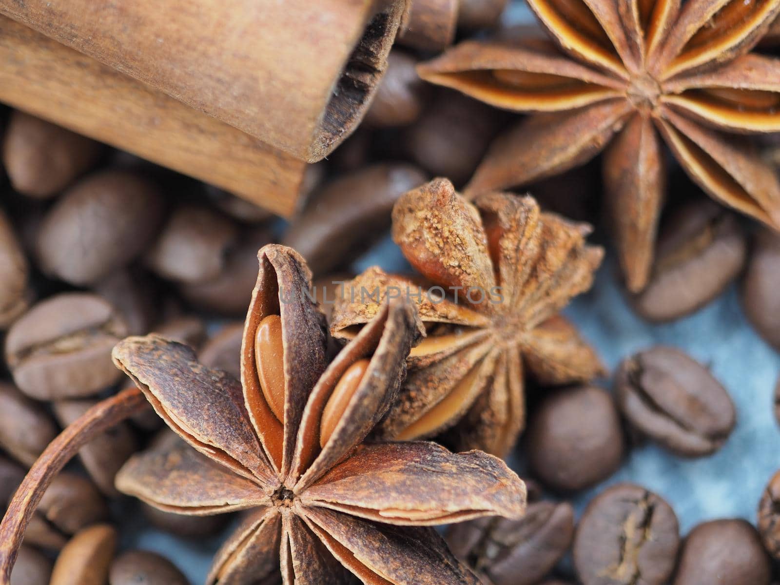 coffee cinnamon and star anise on gray background close up