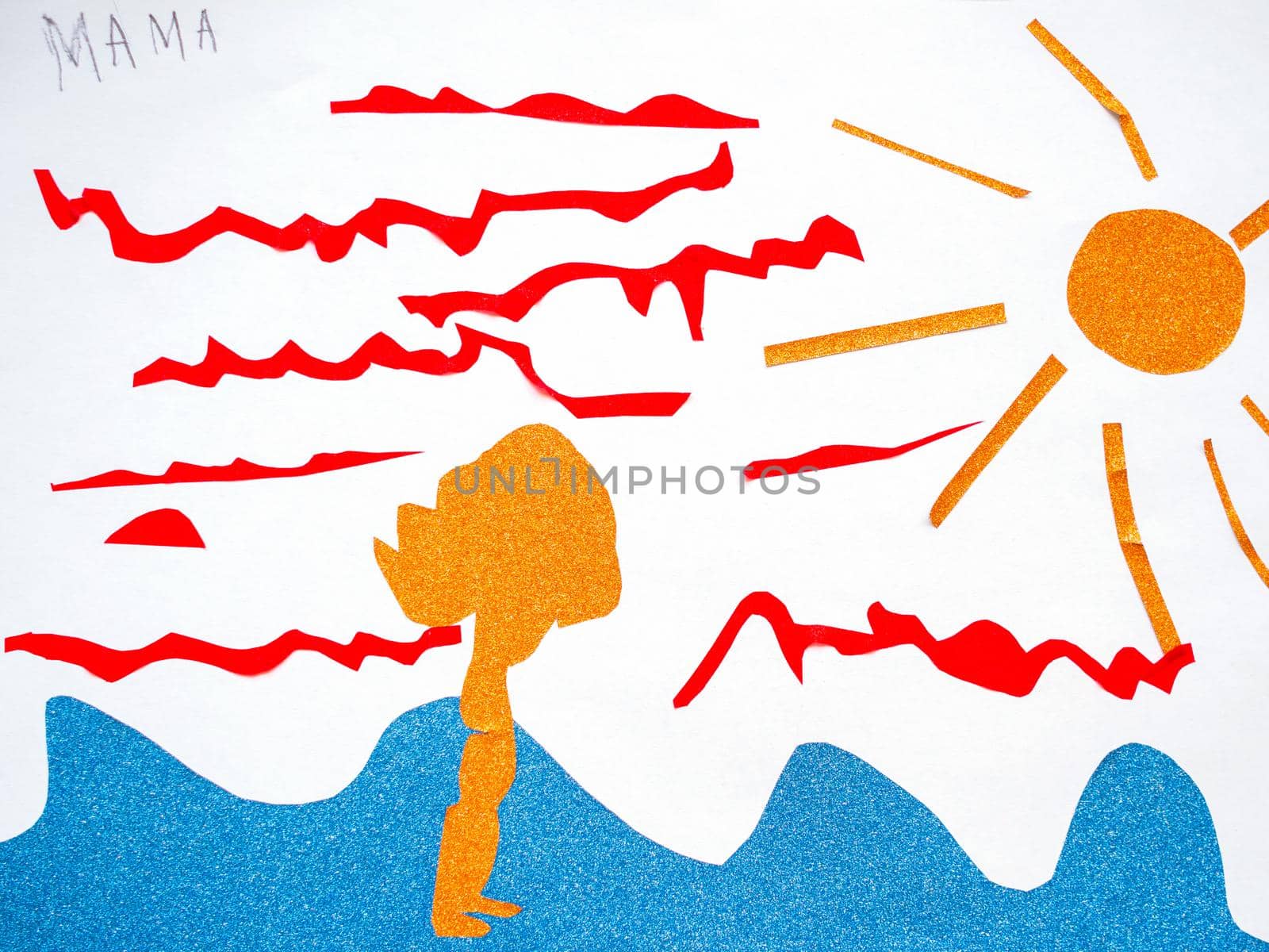 children's drawing happy on the sea mom. sun, waves. application
