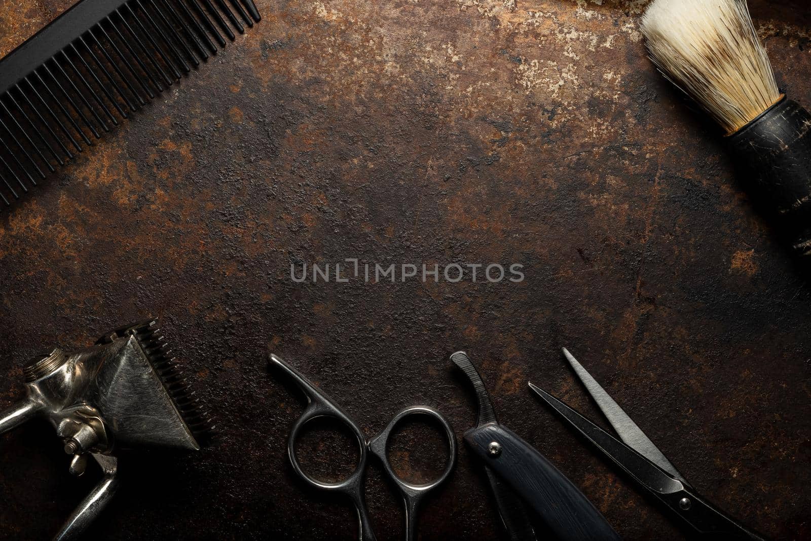 vintage barber tools dangerous razor hairdressing scissors old manual clipper comb shaving brush. top view flat lay. copy space