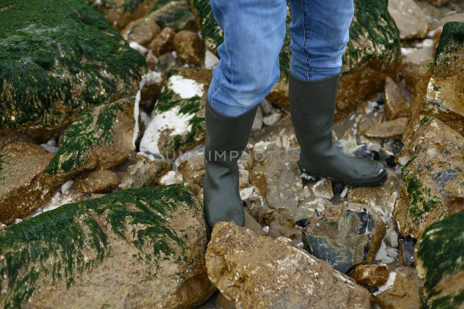 Rubber boots on stones with seaweed