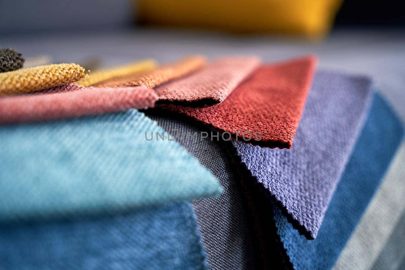 Colorful upholstery fabric samples in different colors