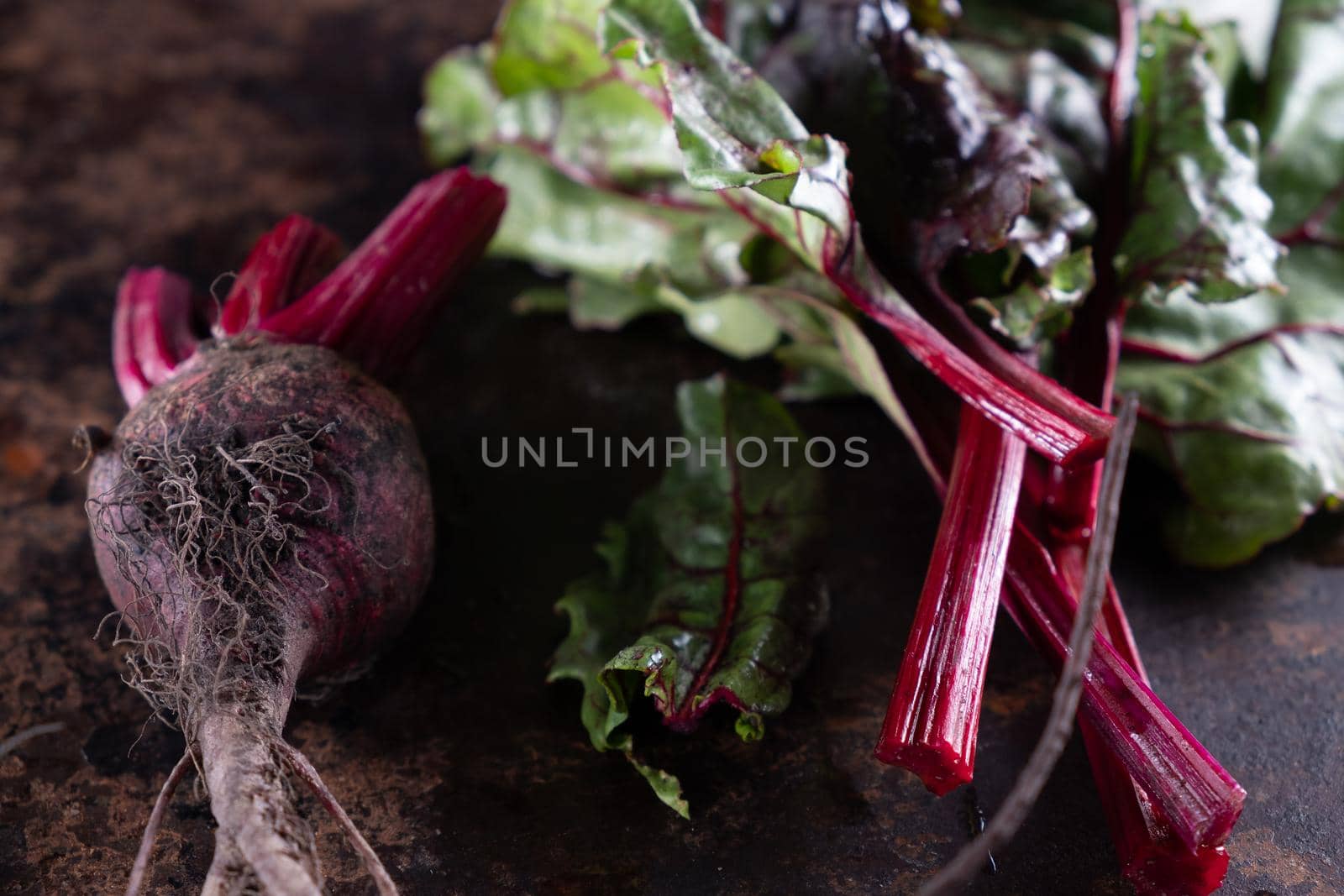 ugly food. Beets and beet leaves on a rusty beautiful metal surface. close-up. horizontal orientation. flat lay. top view.